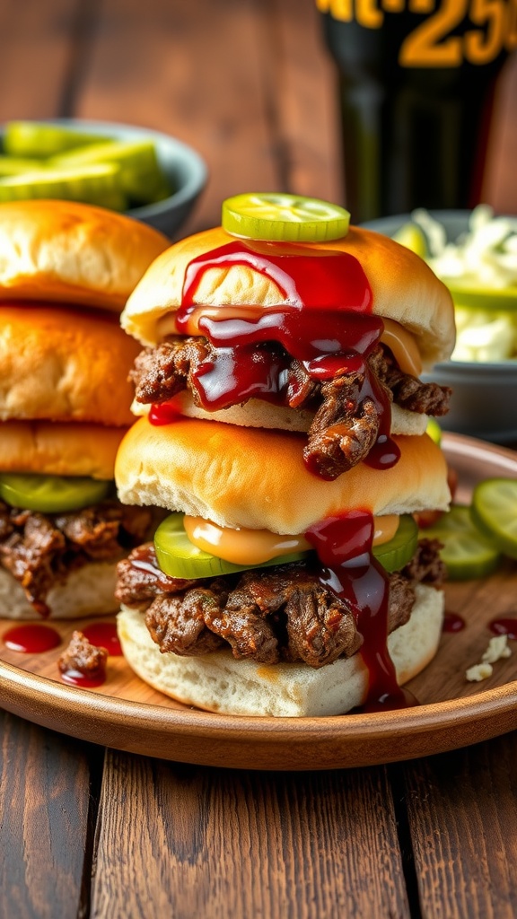 Tender BBQ chopped beef sliders on a rustic plate with pickles and coleslaw on the side.